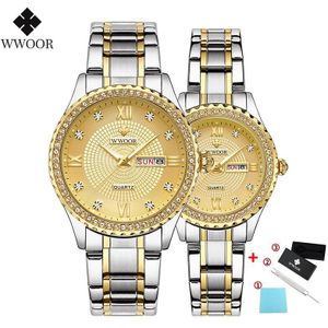 Wwoor Luxe Diamant Goud Paar Horloges + Doos Paar Mannen En Vrouwen Mode Quartz Stalen Band Minnaar Horloge Paar Waterdichte datum