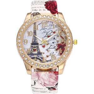 Unisex Vrouwen Mannen Boho Stijl Horloge Afdrukken Eiffeltoren Patroon Crystal Diamanten Paar Horloge Dames Polshorloge Zegarek