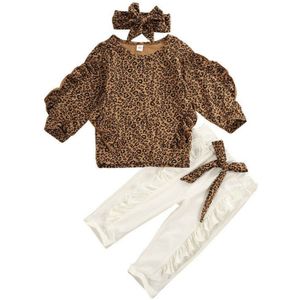 Kids Baby Meisjes Herfst Winter Outfits Set 3 Stuks Lange Mouw Ruches Luipaard Print Sweater Broek Hoofdband Kleding Set 1-5Years