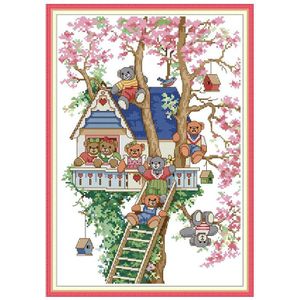 Bear 'S Tree House Stempel Kruissteek Cartoons Printing Geteld Kruissteek 14CT 11CT Stof Borduren Handgemaakte Handwerken Sets