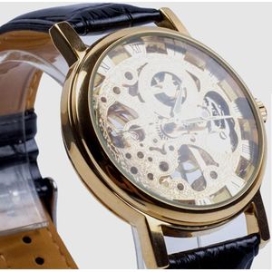 Mannen Luxe Hollow Skeleton Ronde Dial Faux Lederen Band Polshorloge