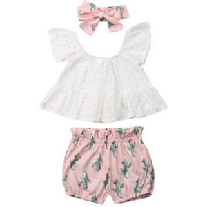 3 PCS Pasgeboren Baby Meisje Outfits Off Shoulder Kant T-shirt Cactus Shorts Sunsuit Pasgeboren Meisje Kleding Baby Meisje kleding Set