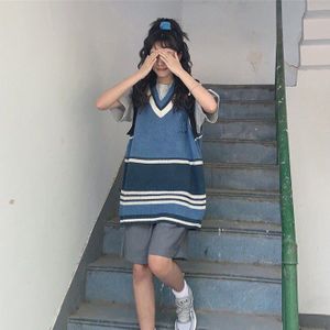 Vest Vrouwen Retro Mouwloze Koreaanse Stijl Losse Gestreepte Gebreide Truien Student Preppy Stijl Alle-Match Casual V-hals mode