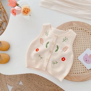 Lente Koreaanse Stijl Baby Meisje Bloemen Borduren Gebreide Vest Kids Single Breasted Knitwear Vest
