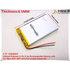 1 stks/partij 655084 3.7 V lithium polymeer batterij 3100 mah DIY mobiele noodstroom opladen schat batterij