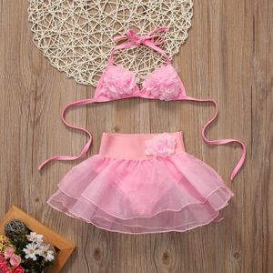 ONS Voorraad Kids Baby Meisjes Bikini Pak Set Roze Bloemen Badpak Met Rokken Badmode Zwemmen Kleding