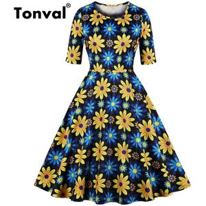 Tonval Geel en Blauw Bloemenprint Casual Dress Half Mouw Pocket Side Ronde Hals Lente Vintage Vrouwen Kleding Jurken