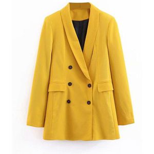 Vrouwen Notched Kraag Geel Blazers Zakken Double Breasted Bovenkleding Kantoor Dame Werkkleding Chic Tops