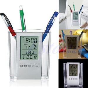 1 Pcs Lcd Digitale Wekker Bureau Potlood Pen Houder Organizer Thermometer Kalender