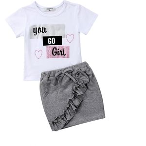 Pasgeboren Kids Baby Meisjes Korte Mouwen Tops T-shirt Denim Rokken Je Gaan Bloemen Outfits Kleding Zomer Set