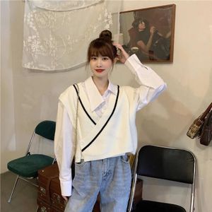 Vrouwen Trui Vest Korte-Stijl Student Koreaanse Stijl Ulzzang Patchwork V-hals Single-Knop Vest Eenvoudige All-Match knitwear
