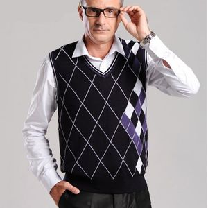 Mannen Woll V-hals Vest Truien Argyle Slim Fit Patchwork Mouwloze Herfst Lente Warm Gebreide Contted Toevallige Mannelijke Kleding