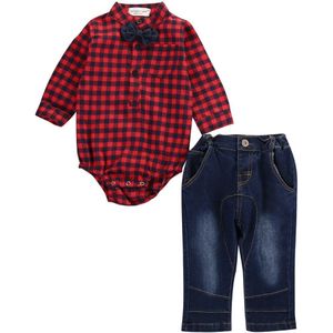 2 stks Kids Baby Boy red plaid lange mouwen Bodysuit pocket knop + Jeans Broek Outfits Kleding Set 0-18 M