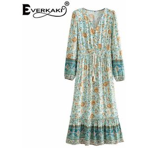 Everkaki Bloemenprint Etnische Lange Jurk Vrouwen Zomer Vestidos Boho Sjerpen Dames Gypsy Maxi Jurken Chic Vrouwelijke Mode