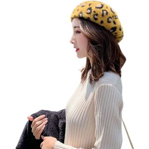 Vrouwen Franse Stijl Faux Wol Pluche Baret Cap Vintage Luipaard Print Winter Warm Kunstenaar Schilder Knit Beanie Hat