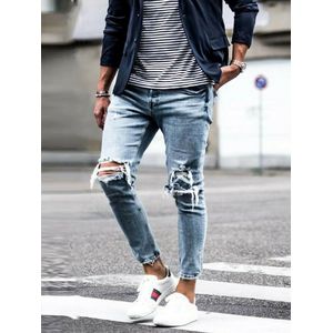 Stijlvolle Mannen Ripped Gat Skinny Biker Jeans Vernietigd Verzwakte Slim Fit Strench Denim Broek Broek