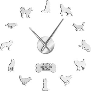 Siberische Husky Russische Hond Ras Diy Grote Stille Wandklok Sibirskiy Haski Zelfklevende Sticker Giant Wall Art Home Decor horloge