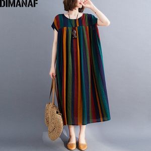 Dimanaf Zomer Plus Size Jurk Vrouwen Kleding Vintage Katoen Gestreepte Print Lady Vestidos Zonnejurk Maxi Losse Geplooide