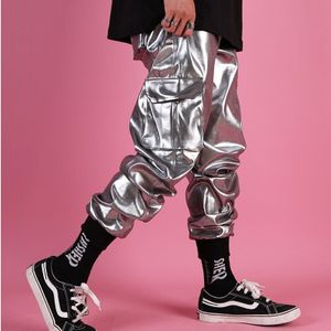 Casual Lederen Harem Broek Mannelijke Streetwear Hip Hop Punk Zilver Multi Pocket Cargo Broek Stadium Kleren Dj Zanger Broek Mannen