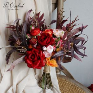 Peorchid Oranje Bordeaux Rozen Bruiloft Boeket Voor De Bruid Kunstmatige Bruidsmeisje Bloemen Accessoires Bridal Bloem Boeket