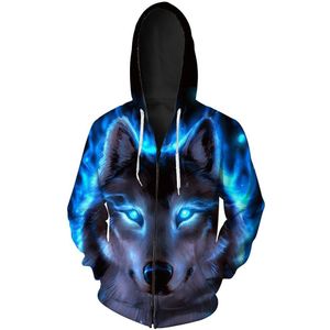 Cool 3D Blue Flame Black Wolf Print Mode 3D Rits Hooded Sweater