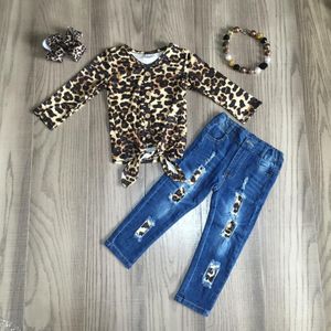 Girlymax Herfst/Winter Baby Meisjes Kinderen Kleding Outfits Boutique Luipaard Stropdas Knoop Jeans Broek Katoen Ruches Match Accessoires