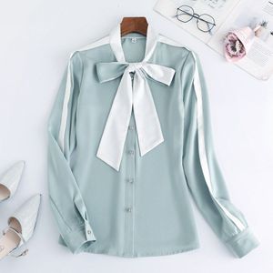 Licht Groene Strikje Shirt Vrouwen Lange Mouw Herfst Mode Temperament Chiffon Blouses Office Dames Formele Werk Tops