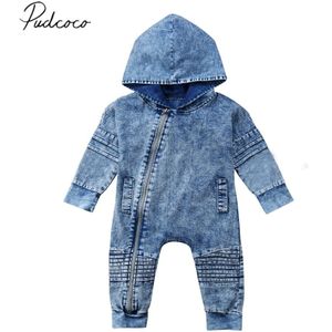 Gloednieuwe Pasgeboren Peuter Baby Jongen Meisje Denim Hooded Romper Playsuit Broek Outfit Rits Washed-Out Jeans Tiered kleding
