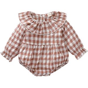 0-24M Baby Baby Girl Sweet Romper Ruche Turn-Down Kraag Plaid Print Lange Mouwen Jumpsuit lente Playsuit