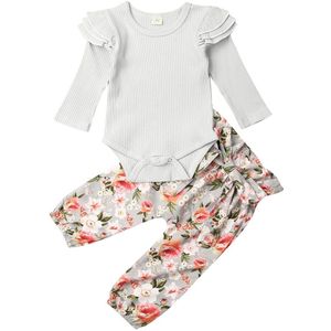 Baby Lente Herfst Kleding Pasgeboren Baby Meisje Vliegen Lange Mouw Romper Tops + Bloemen Leggings 2 Stuks Set Kleding outfit