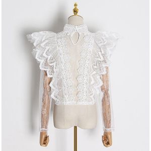 Vgh Perspectief Patchwork Lace Shirt Voor Vrouwen Stand Kraag Ruche Mouw Hollow Out Casual Blouse Vrouwelijke Mode Kleding