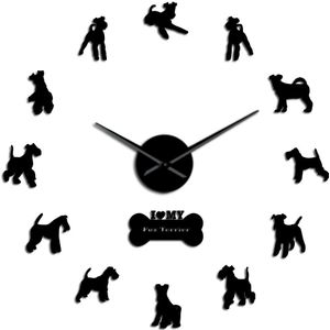 Fox Terrier 3D Spiegel Stickers Grote Wandklok Grote Klok Handen Frameloze Modern Grote Horloge Stille Sweep Hond Ras