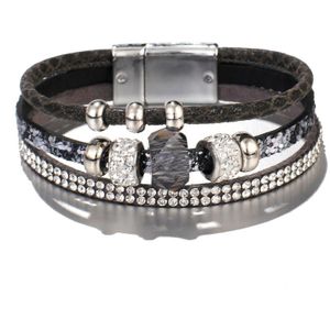 Amorcome Shiny Crystal Charm Lederen Armbanden Voor Vrouwen Boho Strass Kralen Multilayer Wrap Armband Vrouwelijke Sieraden