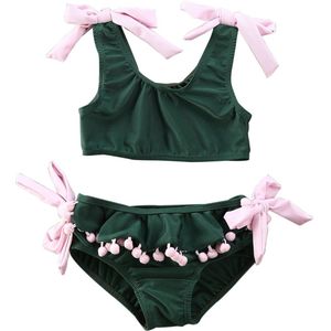 Baby Meisje Groene Kwastje Bikini Tankini Sets Kids Kinderen Zomer Strand Solid Two Pieces Badpak Badmode Badpak