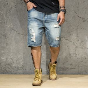 Zomer Mannen Losse Straight Ripped Denim Shorts Plus Size 40 42 44 46 Lichtblauw Gat jeans Korte Mannelijke