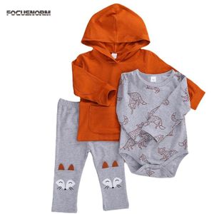 Focusnorm 0-18M Herfst Baby Jongens Kleding Sets 3 Stuks Lange Mouwen Hooded Tops + Animal Print rompertjes + Broek