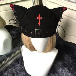 Harajuku Punk Gothic Kat Oren Cross Zwarte Baret Dames Rock Lace Up Mode Straat Kleding