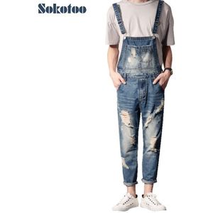 Sokotoo mannen plus size casual enkellange slanke denim bib overalls Mode gat ripped crop jeans Jumpsuits