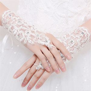 1 Paar Wit/Rood/Beige Bruids Handschoenen Elegante Korte Paragraaf Strass Wit Kant Handschoen Mooie Bruiloft Accessoires 2 stijlen