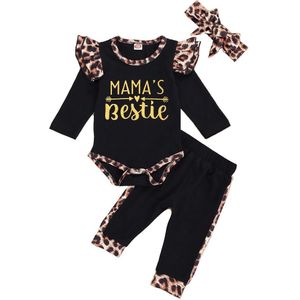Baby Meisje Kleding Fly Schouder Lange Mouw Zwart Rompertjes Broek Luipaard Baby Hoofdband Outfits Set