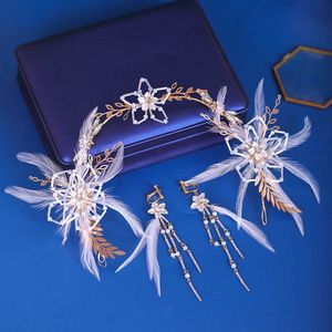 Acrddk Fairytale Wedding Haar Sieraden Set Witte Veer Haarband Oorbellen Sets Hoofdband Tiara Sieraden Set Vrouwen Bruid Sieraden Sl
