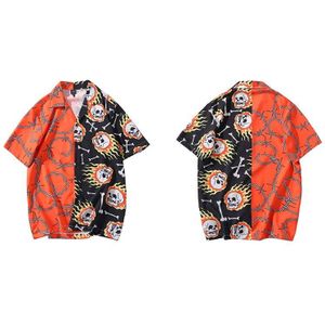 Lenstid Hip Hop Fire Skull Chain Print Shirt Streetwear Harajuku Mannen Hawaiian Strand Overhemd Hiphop Zomer Korte Mouw Shirts
