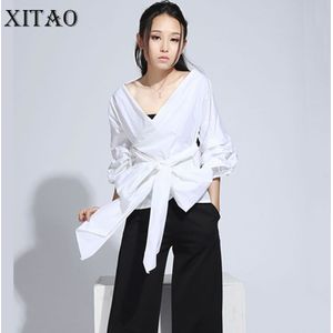[XITAO] Zomer Korea Mode Vrouwelijke Drie Kwart Mouw V-hals Blouses Vrouwen Effen Kleur Bandage Shirts CXB348