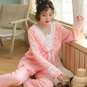 100% Katoen Gaas Dunne Zwangere Kleding Set Wit Kant Strik Moederschap Pijamas Ruches Lange Mouwen Vrouwen Verpleging Nachtkleding