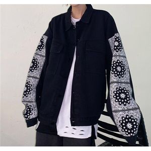 Paisley Bandana Mouw Knop Denim Jas Japanse Streetwear Mannen Mode Vrouw Jean Jacket Vintage Windjack Koreaanse Techwear