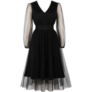 Tonval V-hals Hoge Taille Gestippelde Mesh Overlay Black Midi Jurken Lange Mouwen Elegante Partij Vintage Gewaad Geplooide Jurk