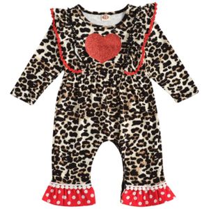 Focusnorm 0-24M Pasgeboren Baby Meisjes Jongens Rompertjes Leopard Heart Print Ruches Lange Mouwen Jumpsuits Een Stuk Outfits