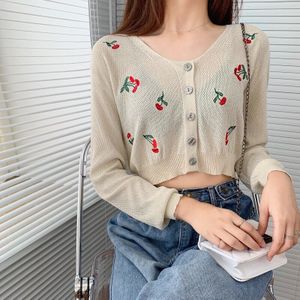 Vrouwen V-hals Gebreide Casual Truien Vesten Lady Embroideried Volledige Lantaarn Mouwen Dunne Vest Uitloper Crop Top Vrouwelijke