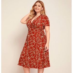 Plus Size Vrouw Jurk Zomer Vrouwelijke V-hals Korte Mouw Bloemenprint Casual Kleding Rode Hoge Taille Dames Wrap jurken