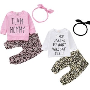Pasgeboren Baby Meisjes Set Kleding Print Brief Lange Mouw T-shirt Top + Luipaard Broek Leggings Hoofdband Outfit
